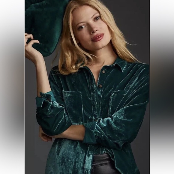 Anthropologie Pilcro Relaxed Green Velvet Button Down Blouse Top - Picture 2 of 10